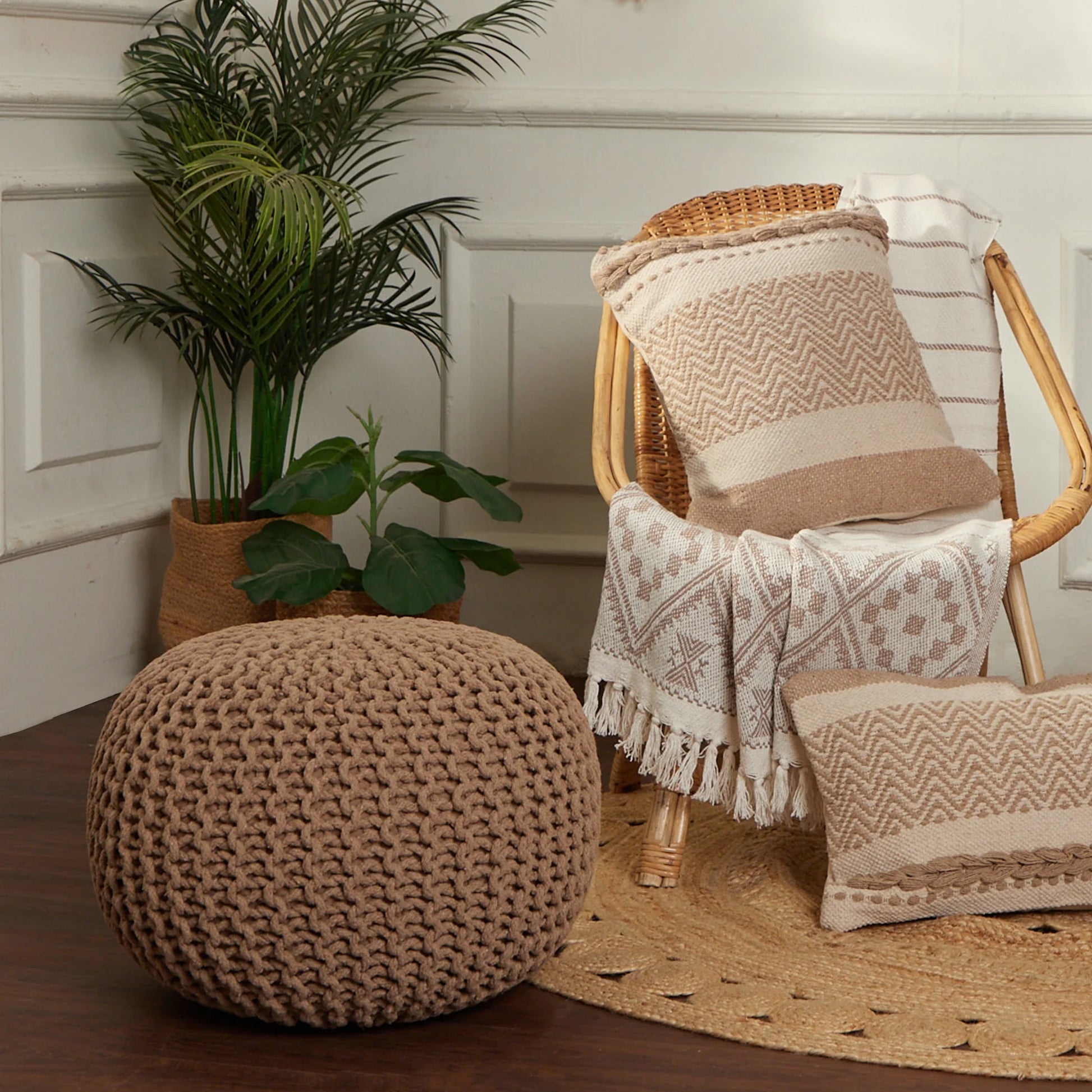 round Pouf Ottoman - Hand Knitted Cable Boho Poof Home Décor Pouffe Circular Footrest for Living Room - Nursery - Bedroom - Lounge 100% Cotton (19.5"X19.5"X14") - Beige Ivory