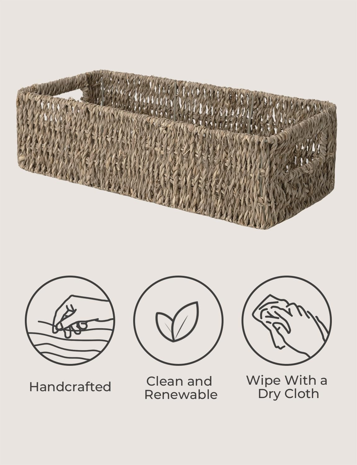 Seagrass Baskets with Built-In Handles, Bathroom Decor Box for Toilet Tank Top, 14 ¼"L X 6 ½"W X 3 ¾"H