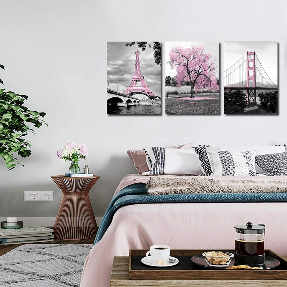 Wall Art for Bedroom Pink Tree Paris Eiffel Tower Golden Gate Bridge Romantic Black and White City Poster Bathroom Pictures Prints on Canvas for Living Room Decor