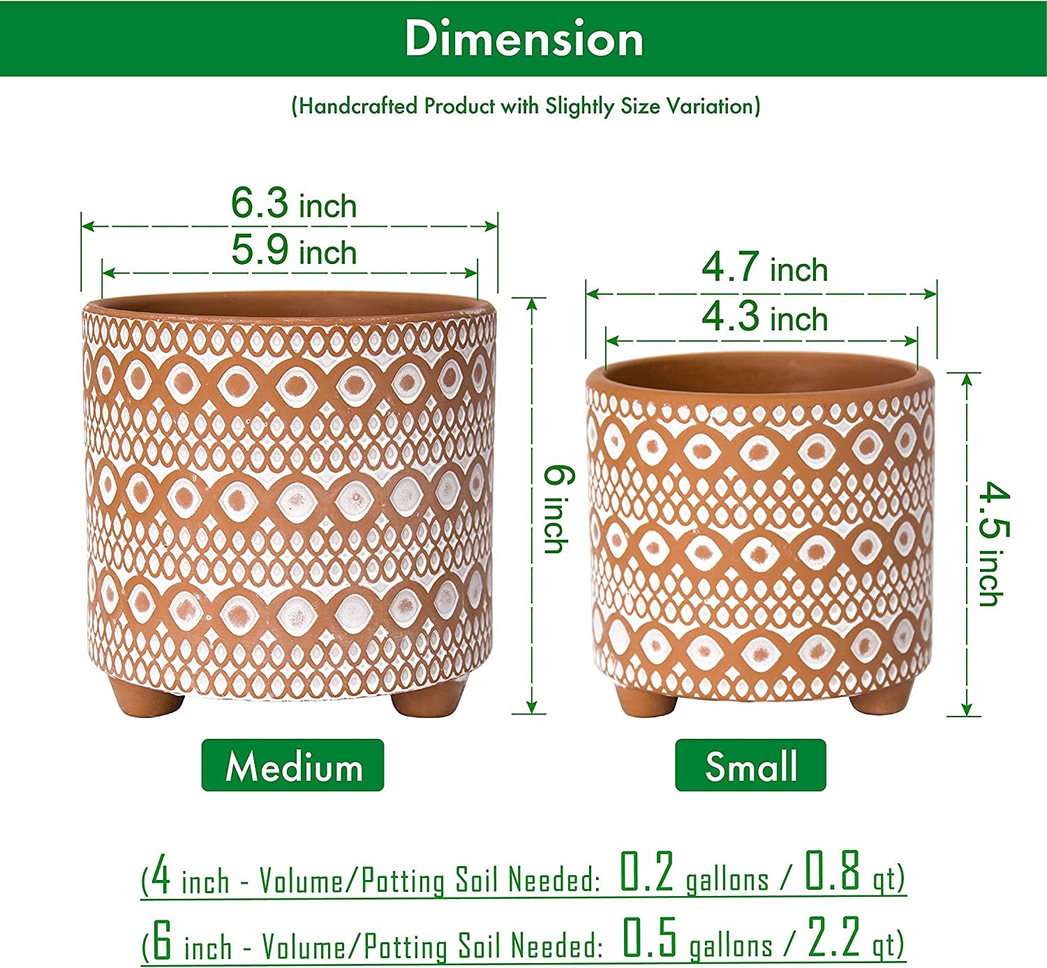 Set of 2 Terracotta Planter Pots, 4 Inch & 6 Inch, Modern Design Plants Pot with Drainage Hole, Terracotta/White, 31-953-B-1