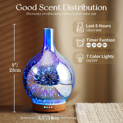 Rose Gold Essential Oil Diffuser 3D Glass Aromatherapy Ultrasonic Humidifier,Waterless Auto-Off,Timer Setting, BPA Free,Air Refresh for Home Hotel Yoga Leisure SPA Gift 100Ml