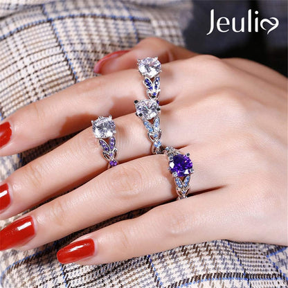 4.3 Carat Personalized Sterling Silver Butterfly Rings for Women Purple Amethyst Bridal round Cut Wedding Engagement Eternity Valentine'S Promise Ring Set