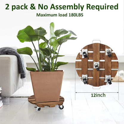 12" Brown Wood round Plant Caddies with 360 Lockable Caster Wheels (2 Count)