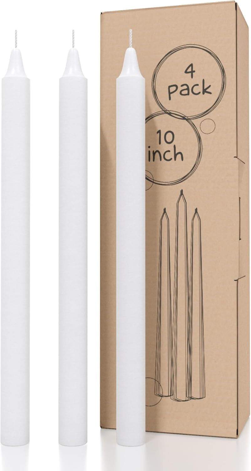 Taper Candles White Pack of 4 - Straight Candles 10 Inch Ideal as Wedding Candles, Dinner Candles and Table Candles - Slow Burning Candles Dripless - Smokeless Long Candlesticks