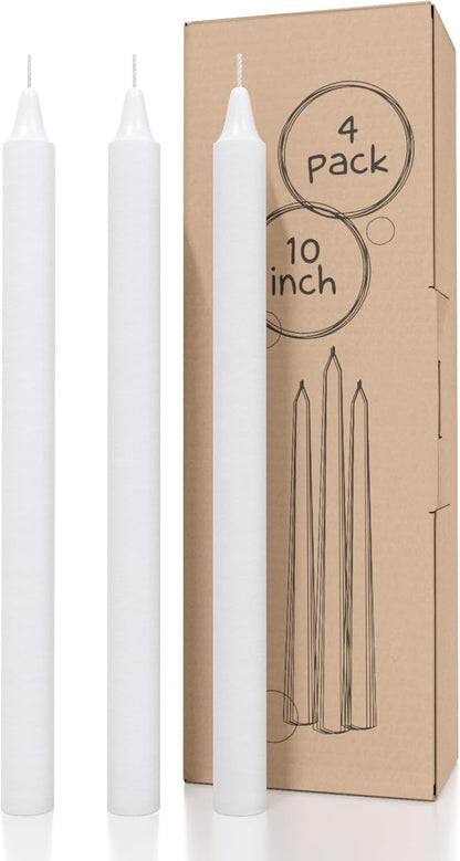 Taper Candles White Pack of 4 - Straight Candles 10 Inch Ideal as Wedding Candles, Dinner Candles and Table Candles - Slow Burning Candles Dripless - Smokeless Long Candlesticks