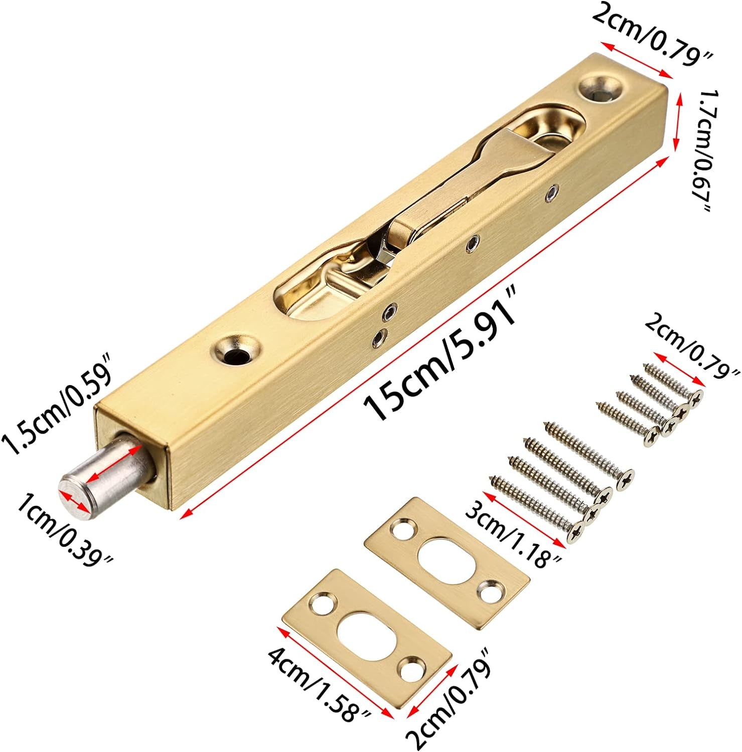 2Pcs 6 Inch Door Bolts - Stainless Steel Concealed Security French Door Locks with Hardwares, Metal Flush Latch Bolts for Composite Wood Double Dummy Door, Gold