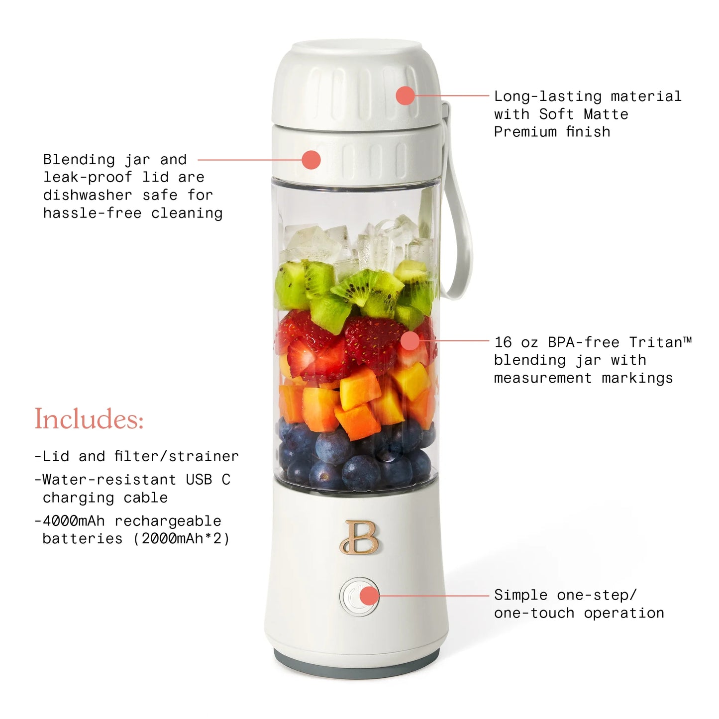 Portable To-Go Blender 2.0, 70 W, 16 Oz, Porcini Taupe by Drew Barrymore