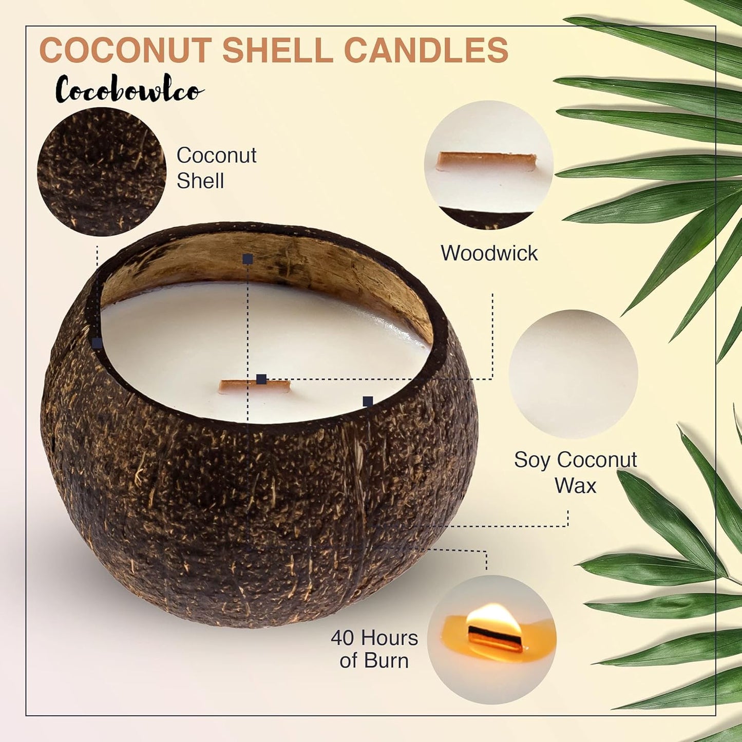 Coconut Candles for Home Scented Candles Made from Coconut Shells | Soy Candles | Wood Wicked Candles | Vanilla, Coconut, or Cinnamon | Aromatherapy Candles (Cinnamon)