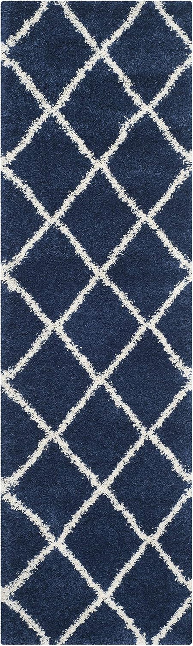 Hudson Shag Collection 2'3" X 8' Navy/Ivory SGH281C Modern Diamond Trellis Non-Shedding Living Room Bedroom Dining Room Entryway Plush 2-Inch Thick Runner Rug