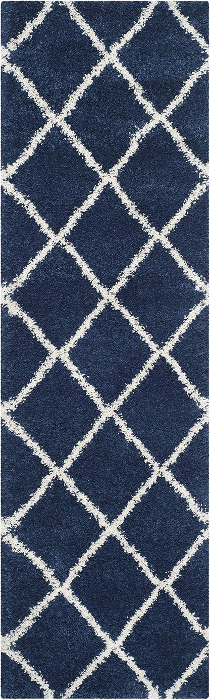 Hudson Shag Collection 2'3" X 8' Navy/Ivory SGH281C Modern Diamond Trellis Non-Shedding Living Room Bedroom Dining Room Entryway Plush 2-Inch Thick Runner Rug