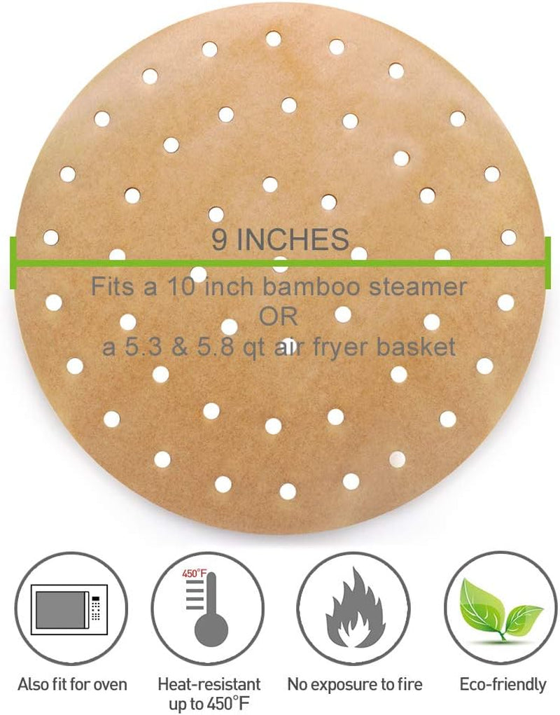 100Pcs Unbleached Air Fryer Liners, 9Inch Bamboo Steamer Liners,  Premium Perforated Parchment Steaming Paper Rounds, Non-Stick Steamer Mat, Perfect for 5.3 & 5.8 QT Air Fryers/Baking/Cooking