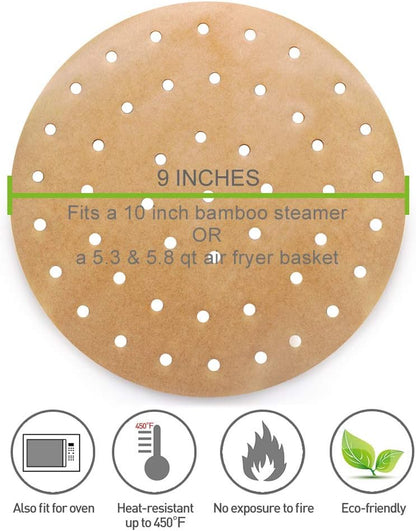 100Pcs Unbleached Air Fryer Liners, 9Inch Bamboo Steamer Liners,  Premium Perforated Parchment Steaming Paper Rounds, Non-Stick Steamer Mat, Perfect for 5.3 & 5.8 QT Air Fryers/Baking/Cooking