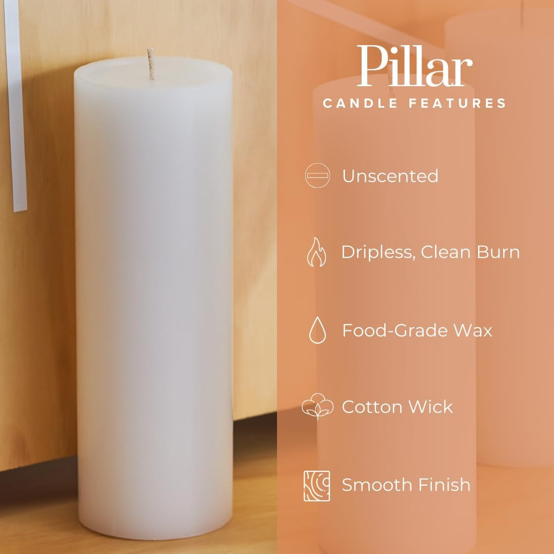 Smooth 3X8 White Candles | Pillar Candles for Home | Unscented Candles & Dripless Pillar Candles | Long Lasting Candles | Large Candle for Home | 3 Pack of Candles