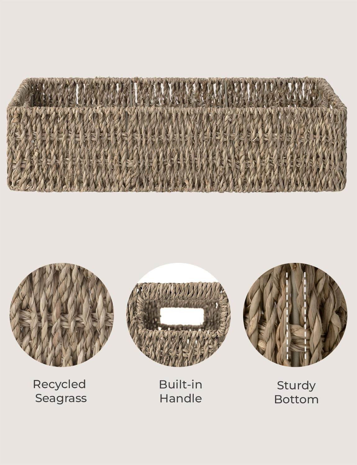 Seagrass Baskets with Built-In Handles, Bathroom Decor Box for Toilet Tank Top, 14 ¼"L X 6 ½"W X 3 ¾"H