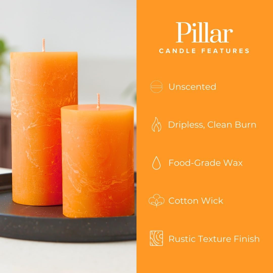 Rustic 3X3 Apricot Orange Candles | Pillar Candles for Home | Unscented Candles & Dripless Pillar Candles | Long Lasting Candles | Large Candle for Home | 3 Pack of Candles