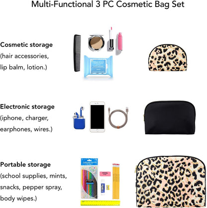 3 Pc Cosmetic Bag Set, Purse Size Makeup Bag for Women, Toiletry Travel Bag, Makeup Organizer, Cosmetic Bag for Girls Zippered Pouch Set, Large, Medium, Small (Black & Leopard)