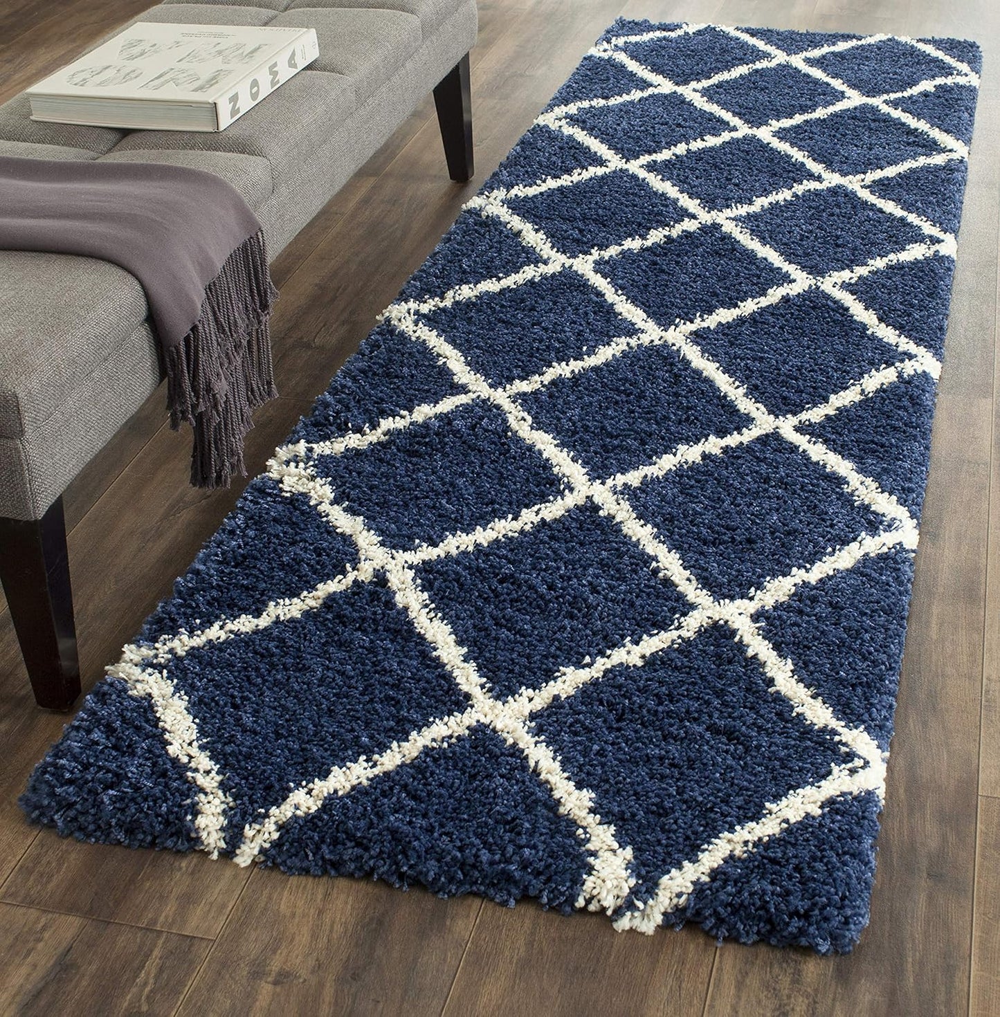 Hudson Shag Collection 2'3" X 8' Navy/Ivory SGH281C Modern Diamond Trellis Non-Shedding Living Room Bedroom Dining Room Entryway Plush 2-Inch Thick Runner Rug