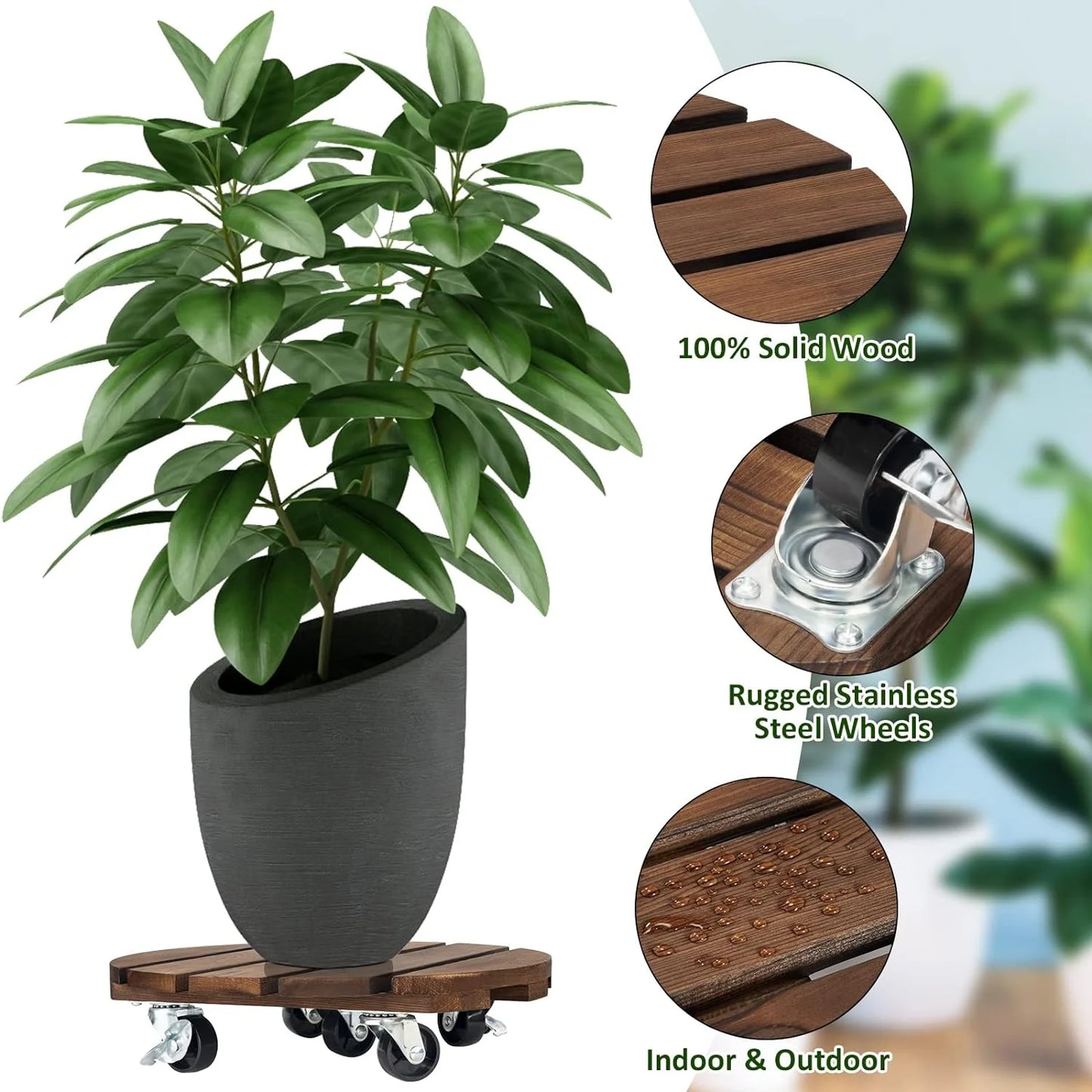 12" Brown Wood round Plant Caddies with 360 Lockable Caster Wheels (2 Count)