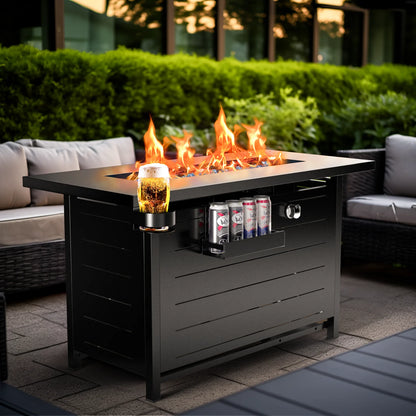 43" Propane Fire Pits for outside 60,000 BTU Gas Fire Pit Table for outside with Lid , Glass Beads, Cup Holders, Hanging Shelf & Nylon Cover, Rectangle