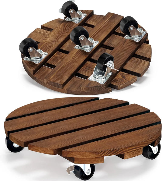 12" Brown Wood round Plant Caddies with 360 Lockable Caster Wheels (2 Count)