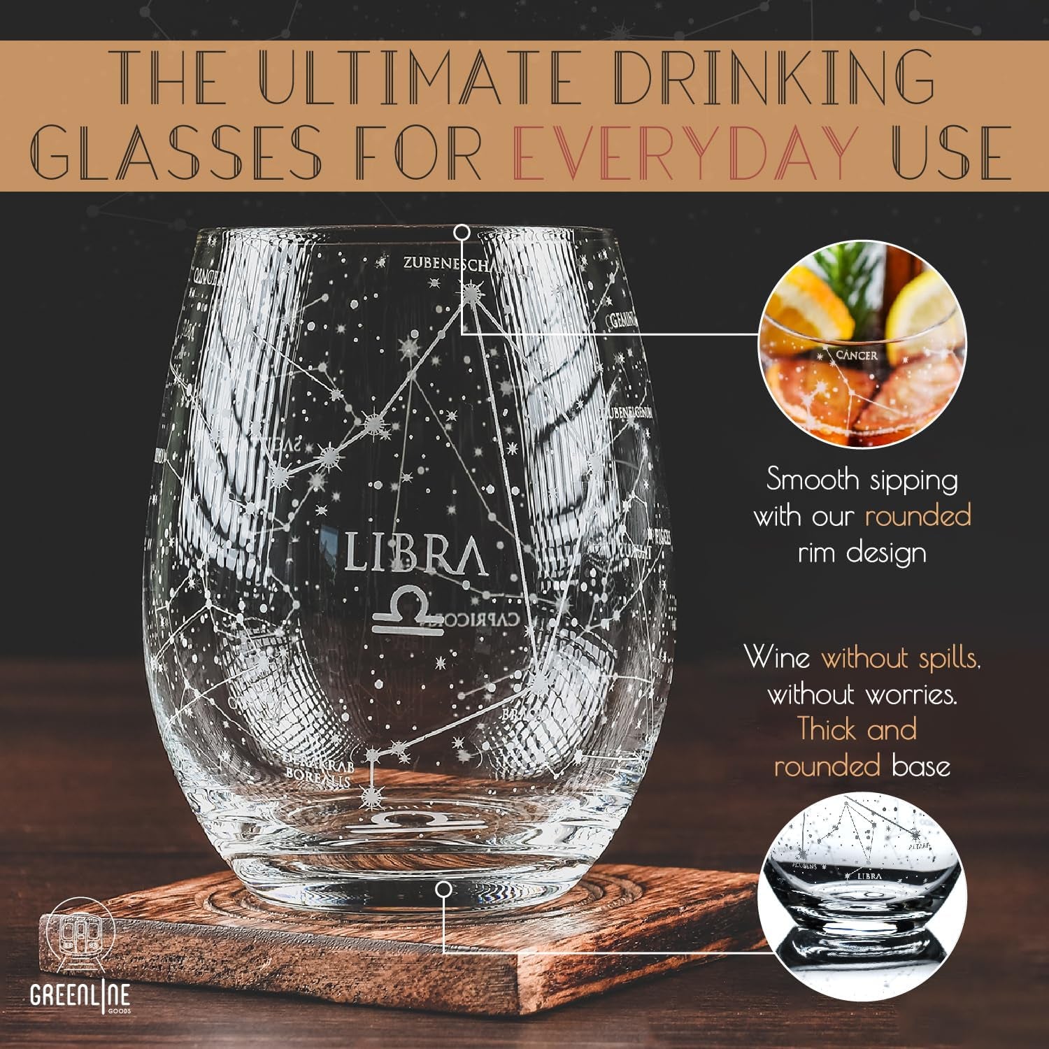 Libra Stemless Wine Glasses Zodiac Libra Set Hand Etched 15 Oz (Set of 2) - Astrology Sign Glassware