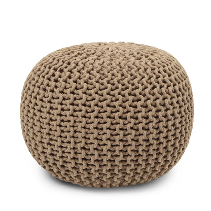 round Pouf Ottoman - Hand Knitted Cable Boho Poof Home Décor Pouffe Circular Footrest for Living Room - Nursery - Bedroom - Lounge 100% Cotton (19.5"X19.5"X14") - Beige Ivory